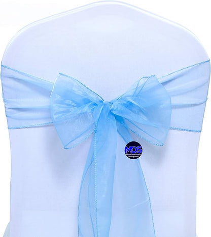 MDS Pack of 125 PCS Organza Chair Sashes Wider Dining Chair Bows Ribbon Tie Back for Wedding Party Birthday Bridal Shower Reception Event Banquet Home Chair Cover Decoration - Baby Blue