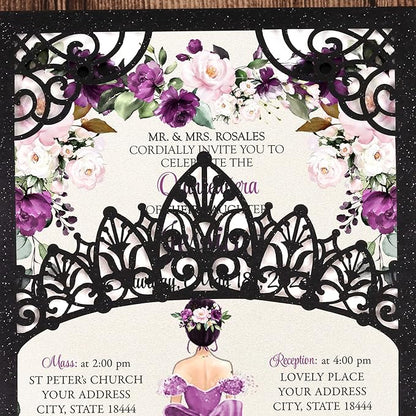 50Pcs Blank Pearlized Black Crown Invitations for Quinceanera, 15 year, Sweet 16, Miss XV, Birthday Laser Cut Quince Invitation Cards
