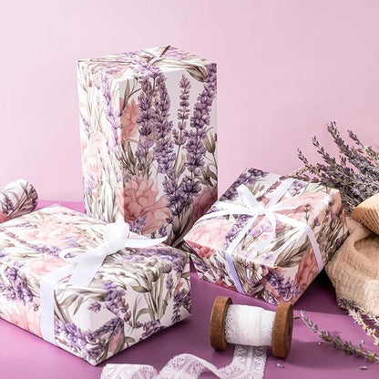WRAPAHOLIC Kraft Floral Wrapping Paper - Mini Roll - 17 Inch x 16.5 Feet - Purple Lavender Flower Wrapping Paper for Wedding, Birthday, Bridal Shower, Tea Party, Drawer Liners, Home Closet Shelves