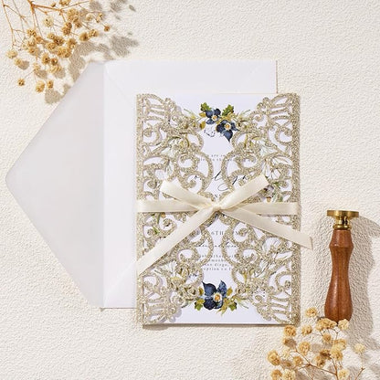 25pcs Glitter Wedding Invitations with Envelopes and RSVP Cards Gold Personalized Laser Cut Party Invitation with Ribbons for Wedding Engagement Baby Bridal Shower Quinceanera Birthday Party Invite
