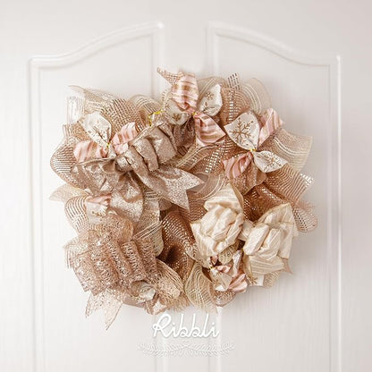 Ribbli 2 Rolls Rose Gold Mesh Ribbon,10 inch x 30 feet(10Yard) Each Roll,Metallic Rose Gold with Wide Foil,Valentine's Day Ribbon for Wreath Swags and Decorating