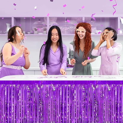 3 Pack 29 x108 Inch Purple Foil Fringe Table Skirts Metallic Banner for Tinsel Streamer Garland Backdrop for Parade Floats Wedding Thanksgiving Birthday Christmas Halloween New Year Party Decoration
