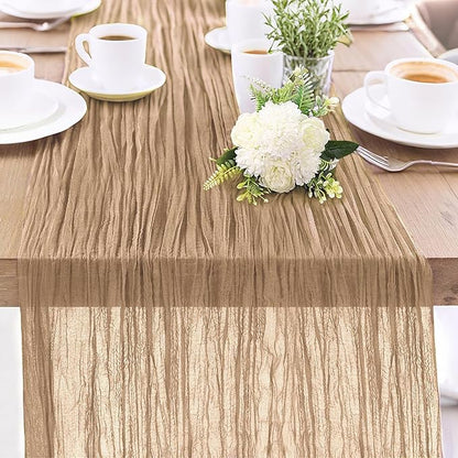 1-Pack Khaki Cheesecloth Table Runners – 10FT (35x120 Inch) Boho Rustic Gauze Fabric Cheese Cloth Table Runner for Weddings, Baby Showers, Bridal Shower, Farmhouse & Birthday Party Decor