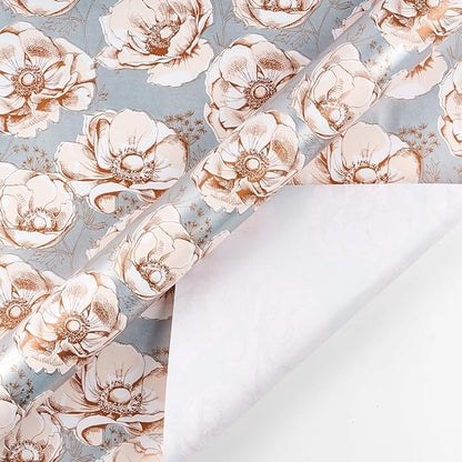 WRAPAHOLIC 30 Inch Jumbo Reversible Floral Wrapping Paper - 30 Inch X 33 Feet - Siver Floral Design for Wedding, Birthday, Mothers Day, Baby Shower, Anniversary, Bridal Shower