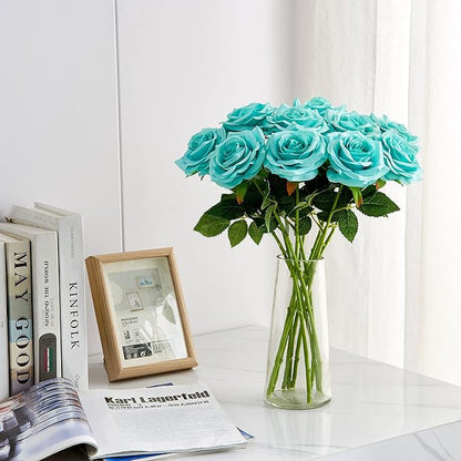 Artificial Rose 10pcs Open Flower Bouquet Faux Rose Stems for Wedding Arrangement, Bridal Bouquet, Centerpiece, Fake Faux Silk Flowers (Tiffany)