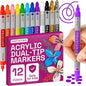 ARTISTRO Vibrant Acrylic Paint Markers for Glass, Rock, Fabric, Wood, Paper, Ceramic, Canvas & More - 12 Dual-Tip Paint Pens (Dot & Fine)
