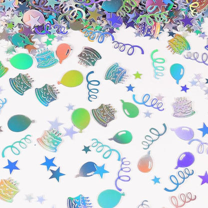 VHUWE Happy Birthday Confetti, 1.6 oz Laser Silver Cake Balloon Star Goblet Bottle Swirl Glitter Confetti for Boys Girls Kids Women Men Happy Birthday Party Table Decorations Supplies