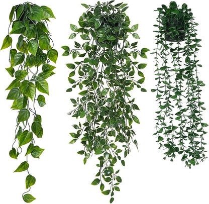 3 Pack Small Fake Hanging Plants, Artificial Eucalyptus, Pothos & Mandala Vines with Plastic Pot for Indoor Home Decor, Wall, Office, Bathroom, Kitchen, Shelf, Farmhouse Room Decoration