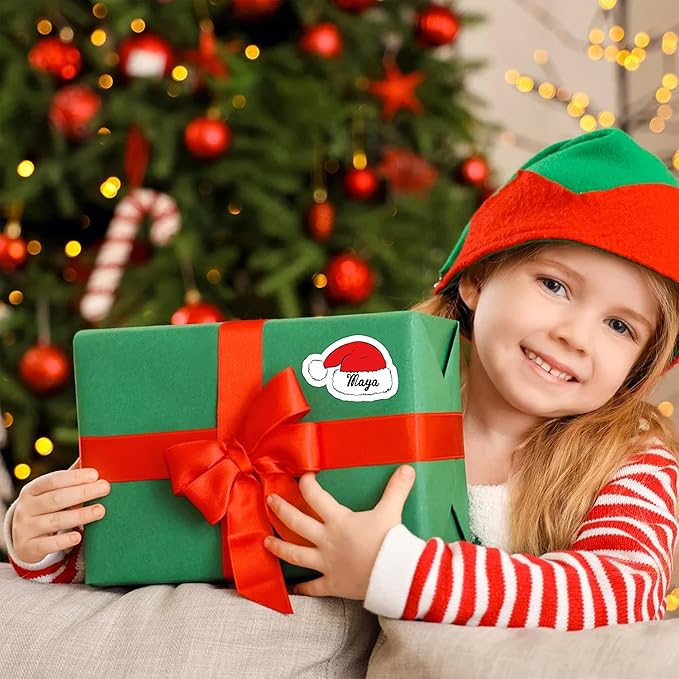 Personalized Christmas Stickers, Custom Name Waterproof Christmas Gift Tags for Gift Box Holiday Decorations, Stockings, Party Favors (Cute Santa Hat)