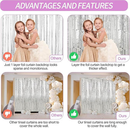 Crosize 8 Pack 3.3 x 9.9 ft Sliver Foil Fringe Curtains Party Decorations, Sliver Tinsel Curtain Backdrop for Parties, Door Streamers, Glitter Streamer Backdrop for Birthday Decoration