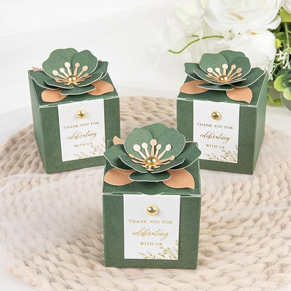 FEIYI 20 PCS Favor Boxes, 3 In 1 Olive Green Candy Boxes with Floral Decor, White Thank You Tags Gold Foil Print Gift wrapping for Wedding, Baby Shower, Birthday, Decorations Party - 2.55x2.55x2.55