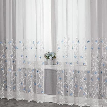 VISIONTEX White Sheer Voile Curtains, Decorative White Embossed Butterflies Rod Pocket Window Drapes for Home Kitchen, Living Room and Bedroom 54 x 84 Inch, Set of 2 Curtain Panels