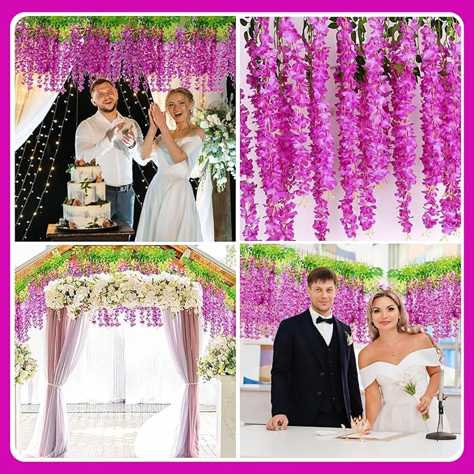 12 Pack Purple Red Wisteria Hanging Flowers Garland, 3.77 Feet Artificial Flower Vines, Fake Wisteria, Artificial Vines Hanging Garland for Backdrop Outdoor Yard Garden Decor