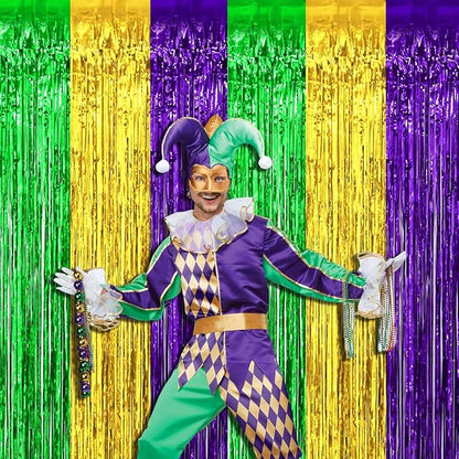 4 Pack Mardi Gras Foil Fringe Curtain Backdrop, 3.28Ft x 8.2Ft Gold Green Purple Metallic Tinsel Foil Fringe Streamers Curtains for Photo Booth, Wedding, Birthday, Carnival Party Decoration