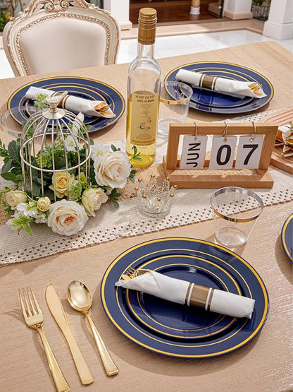 350PCS Blue and Gold Plastic Plates - Navy Blue Plastic Plates with Rolled Napkins - Include 25 Dinner Plate 10’’, 25 Dessert Plate 7’’, 25 gold Cups 9 OZ, 25 Pre Rolled Napkins for Party/Wedding