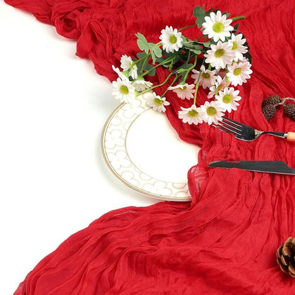 6 Pack Red Cheesecloth Fall Table Runner 10ft Boho Gauze Fabric Cheese Cloth Thanksgiving Christmas Table Runner 35 x 120 Inch Rustic Sheer for Wedding Decor Bridal Shower Party Centerpiece Decoration