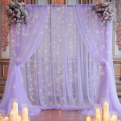 20×10ft Purple Tulle Backdrop Curtain with Lights String for Parties, Sheer Photo Backdrop Curtains for Wedding Party Photography Background