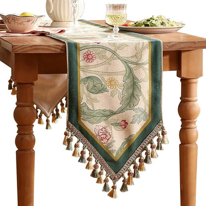 patdrea Designer Green Floral Extra Long Table Runner,French Elegant Vibrant Rustic Linen with Green Leaves Patterns Fabric Table Mat,Decoration for Kitchen Dining Room Banquet Christmas,12"*118"