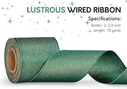Christmas Ribbon Wired Green Satin Ribbons 2-1/2 Inch Double-Faced Gold Glitter for Tree Decoration, Wreath, Gift Wrapping, Home Decor 10 Yards