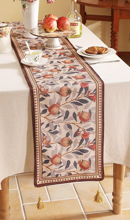 patdrea Designer Vintage SaddleBrown Linen Table Runner 102 Inch Long, Pomegranates Pattern Table Mat, Decoration for Kitchen Dining Table Coffee Table Shelf Cabinet Banquet Christmas ,12"*102"