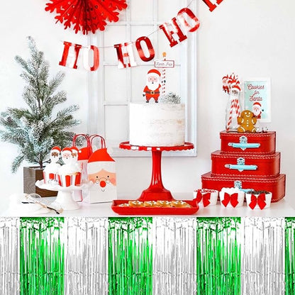 3 Pack 29 x108 Inch Silver Green Foil Fringe Table Skirts Metallic Banner for Tinsel Streamer Garland Backdrop for Parade Floats Mother's Day, Graduate, Birthday, Wedding Party Decoration