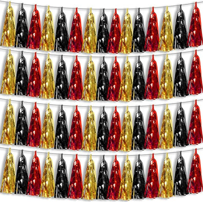 4P Black-Red Gold Foil Fringe Metallic Tassel Garland, Tassels Banner Streamers for Parade Floats, Bachelorette, Wedding, Birthday, Halloween, Christmas, Bridal/Baby Shower Party Decorations