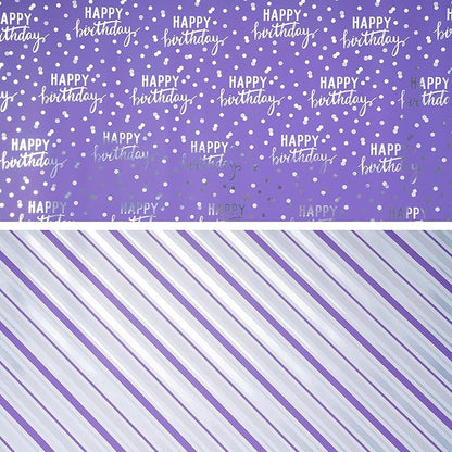 LeZakaa Reversible Purple Birthday Wrapping Paper Roll for Girls Women, Happy Birthday Lettering & Stripe Pattern with Metallic Foil in Purple, Mini Roll, 17 inches x 32.8 Feet (46.45 sq.ft.)