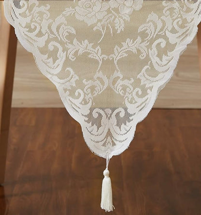 LinenZone Ivory Table Runner with 2 Tassels for Rustic Vintage Decor. Lace Table Runner Works Great As Wedding, Thanksgiving or Christmas Table Decor (Mia 14 x 72, Ivory)