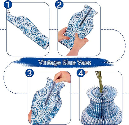 Blue and White Paper Honeycomb Vase, 11.6 Inch Foldable Decorative Vase with Magnetic Closure, Chinoiserie Décor Vase, Reusable Table Centerpiece for Home Decor, Party Decorations