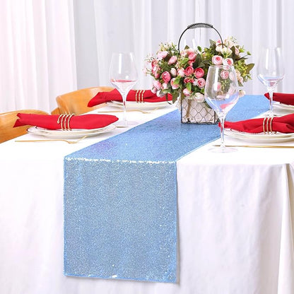 Sequin Table Runners 5 Pieces Baby Blue Table Runners 12x72 Inch Glitter Table Cover for Party Wedding Birthday Reception Banquet Decoration Spring Party Chair Sashes