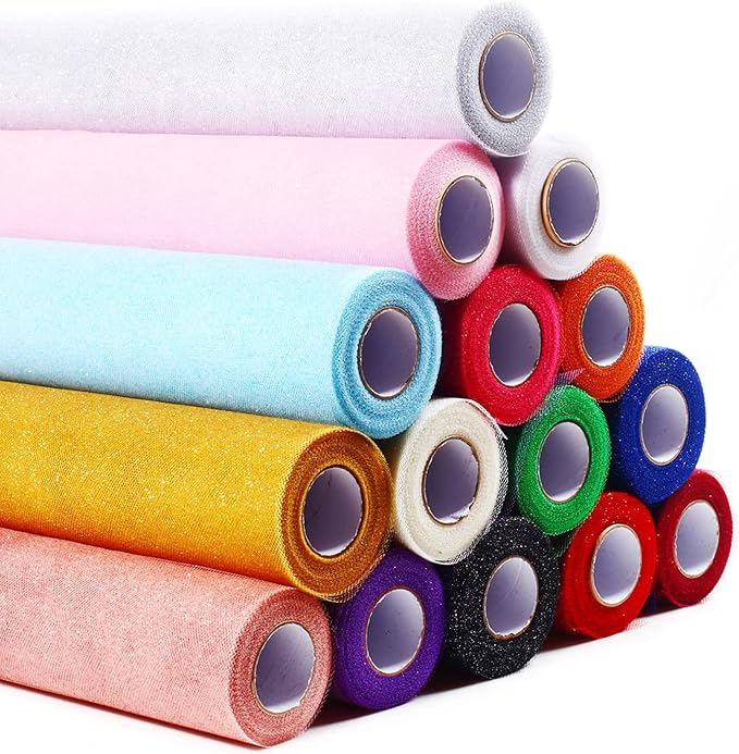 Sparkling Tulle Rolls, 15” by 30 Yards (90FT) Glitter Tulle Spool Ribbon Fabric for Wedding Birthday Bridal Shower Tutu Skirt Party Gift Wrapping (Red)