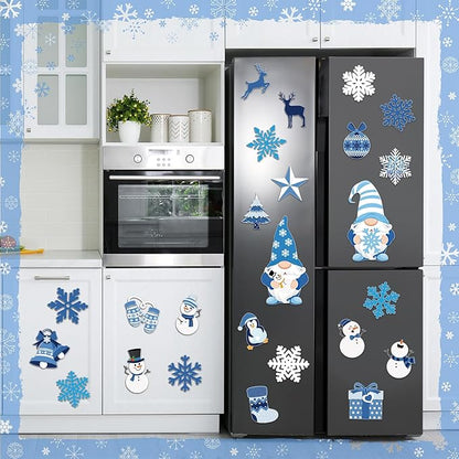 Xuhal 25 Pcs Christmas Magnets Decoration Winter Blue Gnome Snowman Snowflake Refrigerator Magnets Decorative Fridge Magnetic Stickers for Christmas Mailbox Car Metal Garage Door Decoration