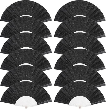 12 Pack Handheld Fan,Folding Hand Glitter fan with Shining Transparent Fan Rib – Ideal for Wedding, Church, Festival, Dance, Tea Party, Club, and EDM Accessories, Black