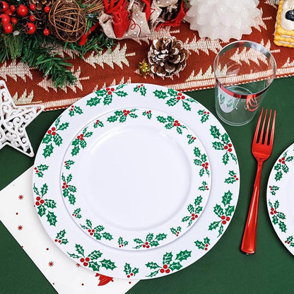 WDF 350pcs Christmas Plates and Napkins Set - Exquisite Holly Design - Christmas Dinnerware Set of 50 Plastic Plates 50 Red Silverware Set&Cups& Napkins