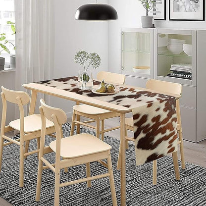 Farmhouse Cow Skin Print Table Runner, Safari Wildlife Brown Country Farm Cowhide Pattern Cotton Linen Rustic Cottage Table Runner for Dinning Home Party Holidays Home Setting, 13x70 Inch