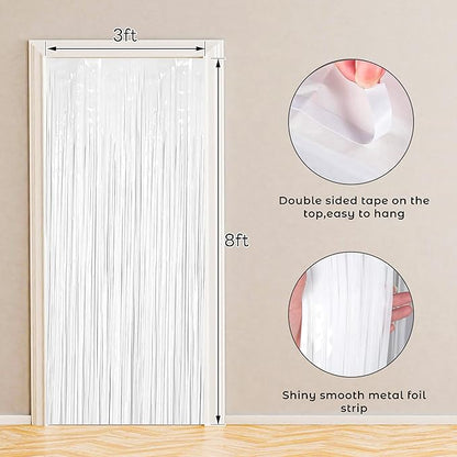 BTSD-home 4 Pack 3x 8ft White Foil Fringe Curtain Backdrop Party Streamers Decorations Metallic Photo Booth Tinsel Theme Bachelorette Graduation Wedding Birthday Bridal Shower Christmas Decor Supplies