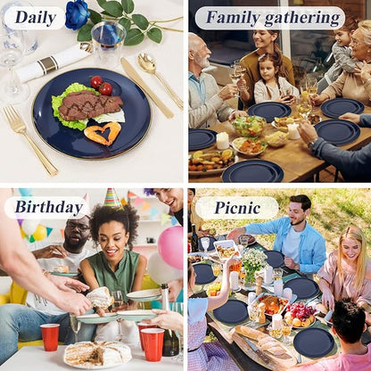 KIRE 350Pcs Blue and Gold Plates -Heavy Duty Navy Blue Dinnerware Set - 100 Plastic Plates 50 Pre Rolled Napkins with Gold Plastic Silverware 50 Cups for Upscale Birthday/Wedding/Parties