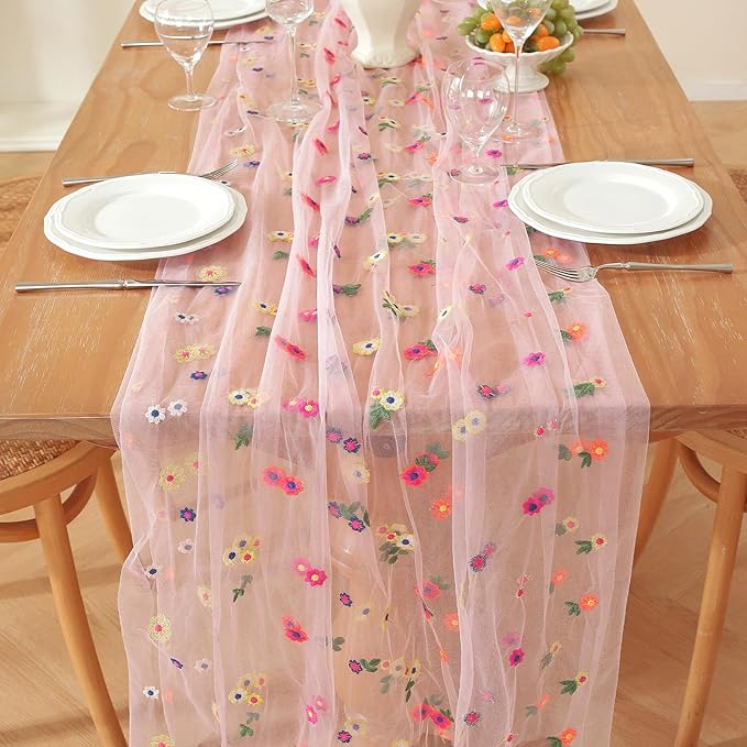 Pink Embroidery Daisy Fall Table Runner 120Inch 10FT Florals Soft Sheer Tulle Fabric Table Runner for Home Decor, Brithday, Wedding, Baby Shower ,Holiday ,Parties, DIY Craft,3PC