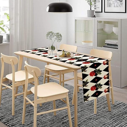 Vintage Rose Table Runner, Red Rose Hearts Black White Checkered Background Table Runner for Kitchen Dinning Table Runner Decor Home Wedding Party Holiday, 13x108 Inch