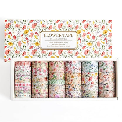 32 Rolls Washi Tape Set, Colored Floral Decorative Masking Tape, Artists Tapes for Journaling, Junk Journal, DIY Craft Projects, Scrapbooking Supplies Decor