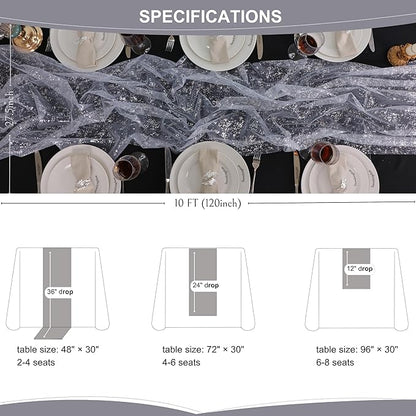 Snowkingdom 6 Pcs 10 FT Silver White Cheesecloth Table Runner Sheer Chiffon Gauze Runner, Sequin Glitter Silver Table Decoration Centerpieces for Wedding Birthday Christmas Bridal Baby Shower