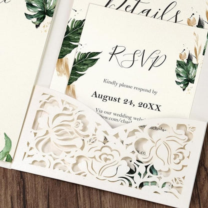 DORIS HOME 50pcs Laser Cut Wedding Invitation Pockets with Envelopes Ivory White, 5.12" x 7.12"Invitation Cards for Wedding, Anniversary (No Inserts Included)