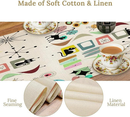 Colorful Geometric Table Runner,Vintage Mid Century Cute Cat Abstract Morden Print Tablecloth Burlap for Hotel Indoors Outdoor Dining Room Kitchen Home Decor, 13x70in