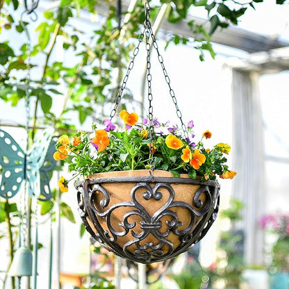 Sungmor 2PC 11" Dia. Large Cast Iron Hanging Baskets w/Fabric Liner, Rustic Brown Heavy-Duty Outdoor Hanging Planters Plant Pot Holders, Garden Yard Terrace Patio Porch Decorative Metal Flower Basket