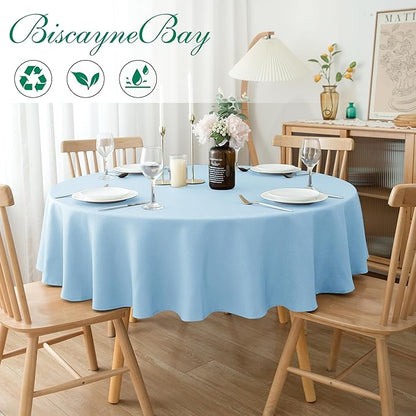 Biscaynebay Textured Fabric Round Tablecloths 60" for Round Tables diameters from 28" to 48", Light Blue Water Resistant Folding Table Covers Washable for Dining, Kitchen, Wedding, Parties etc