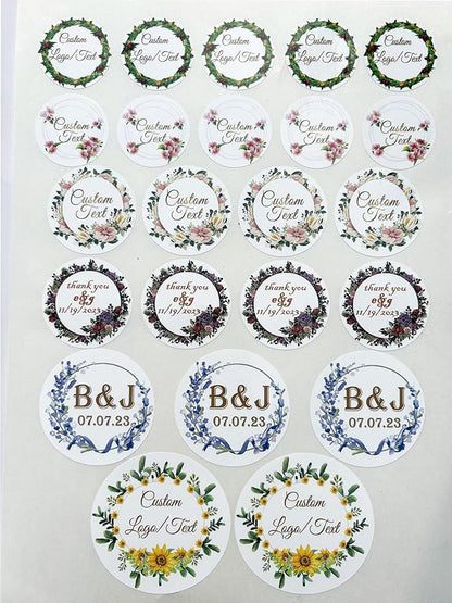 Custom Stickers for Weddings, Birthdays & Businesses - Personalized Labels with Your Logo - Waterproof, Fade and Heat Resistant - Pack of 100-1000 (Wreath T, 2.5 Inch)