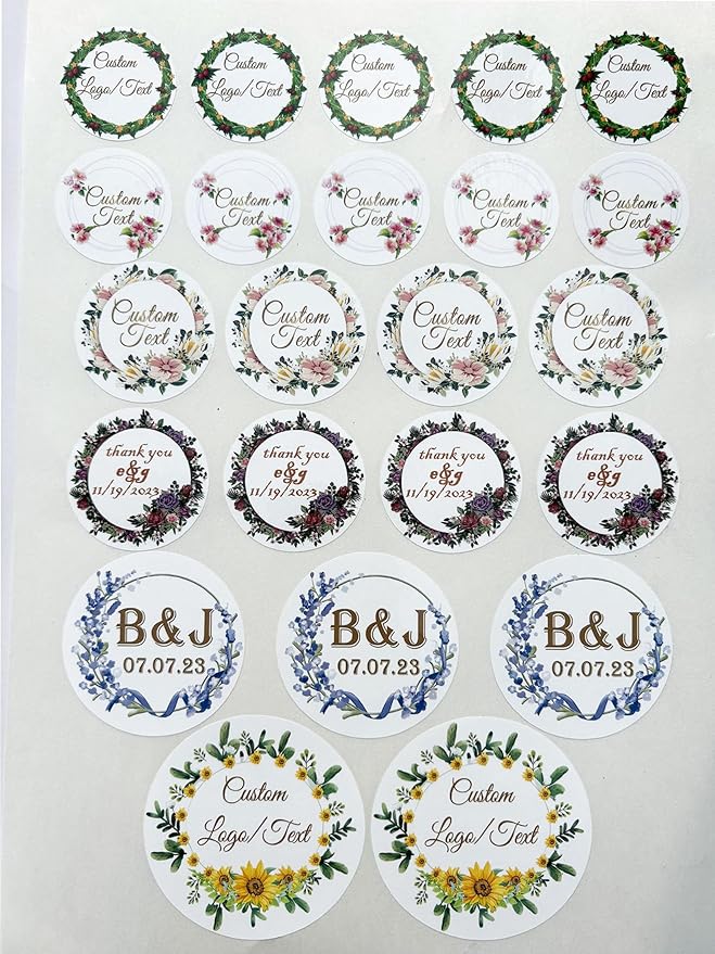 Custom Stickers for Weddings, Birthdays & Businesses - Personalized Labels with Your Logo - Waterproof, Fade and Heat Resistant - Pack of 100-1000 (Wreath T, 2 Inch)
