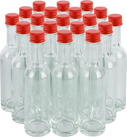 50 ml Mini Glass Bottles With Aluminum Lids and Heat Shrinks, 24 Pack (Red Caps) for Liquor Sauce Beverage Sample Party Favor Ginger Wellness Shots