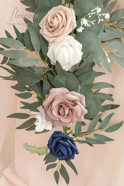 Floroom 6ft Artificial Eucalyptus Garland with Flowers Fake Greenery Faux Floral Vine Garland for Table Decor Wedding Centerpieces Bridal Shower Party Decorations, Dusty Rose & Navy