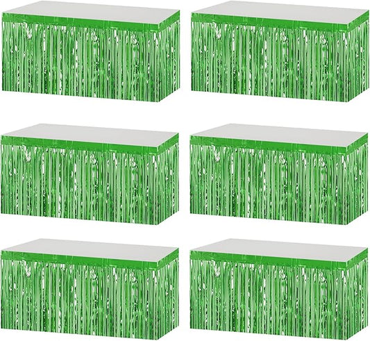 6 Pack 29x108 Inch Metallic Foil Fringe Tinsel Table Skirts Banner for Rectangle Tables Streamer Curtains Backdrop for Wedding, Birthday, Parade Floats, St Patrick Day Party Decoration(Light Green)